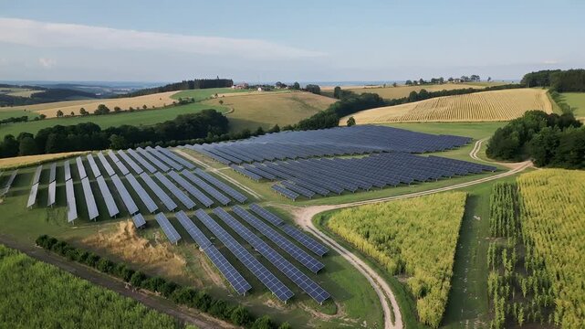 Solar panels provide energy in a large field surrounded by green hills during the daytime in a rural area