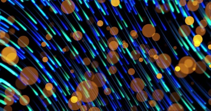 Start cyan-blue streaks shifting as orange bokeh rising and clustering, creating depth on black