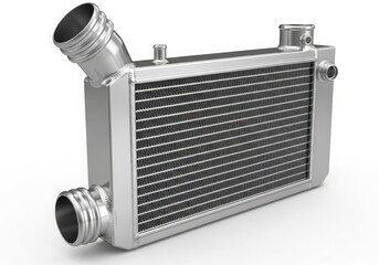 Fototapeta premium A close-up view of a car intercooler with a silver finish and intricate core design.
