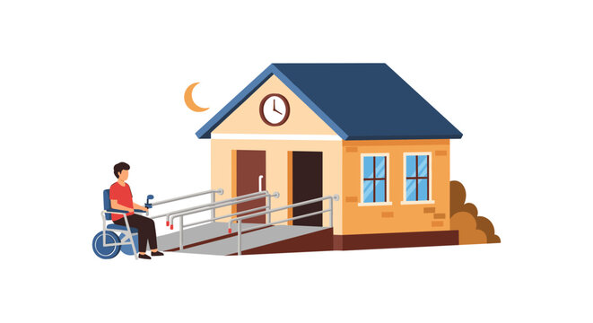 Disabled man in wheelchair accessing yellow house with ramp at sunset outdoor