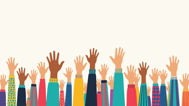 Large group of diverse hands with different skin tones and colorful sleeves raised upwards against a plain cream background.
