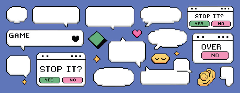 Pixel Dialogue Boxes Set on Blue Background. 8 Bit Chat Speech Bubbles, Flash Message Frames and Communication Panels with Pixelated Arrow and Heart Icons. Retro Vector Illustration.