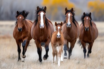 Horses Running Through Field with Foal