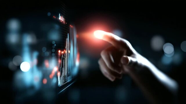 Futuristic holographic interface with faceless finger interacting heavily defocused background anonymous hand with glowing data visualization chart digital analytics interaction