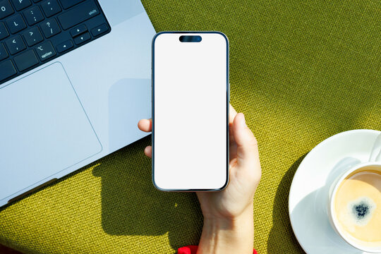 Phone Mockup with White Screen in Bright Workspace