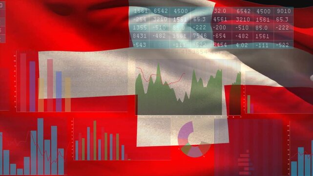 Upper-left light starting red flag with white cross waving, folding shifting charts showing data