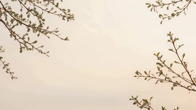 Swaying branches with small leaves shifting inward and outward against beige wall from light breeze