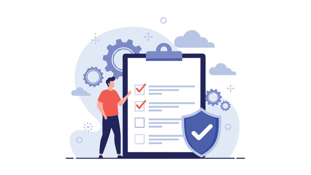 Concept illustration of safety and compliance showing a man standing next to a large checklist and a blue shield with a checkmark.