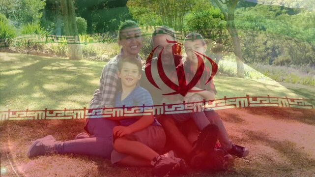 Family sitting, child moving climbing laps for hug running to camera, red ads emblem hiding family