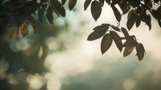 Swaying thin branch from soft breeze, leaves bending and catching sunlight at park edge, soft bokeh