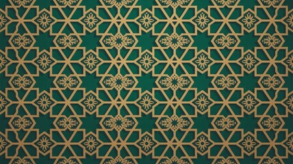 Fototapeta premium Elegant green and gold geometric pattern with floral designs
