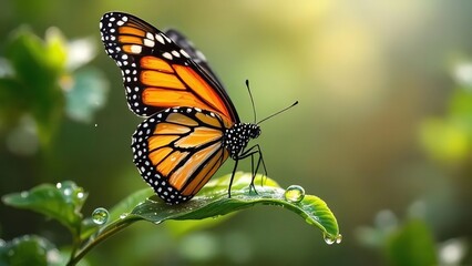Obraz premium Vibrant monarch butterfly perched on a dewy green leaf with wings spread showcasing orange and black wings with white spots in a natural outdoor setting