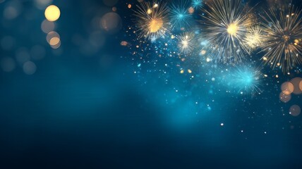 Fototapeta premium golden and blue fireworks across a deep blue bokeh night sky, new year fireworks, fireworks in the night, fireworks in the sky