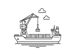 Fototapeta premium A cargo ship with a crane lifting a container on a sunny day with clouds