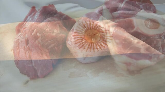 Argentine flag overlay appearing, rippling across meat pile, showing sun over bone, marking origin