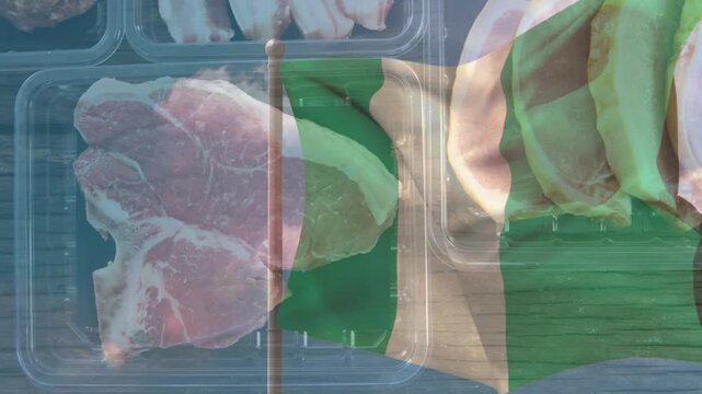 Striped cloth entering on pole, rippling across packaged meats, revealing cuts for product showcase