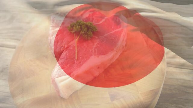 Translucent red circle entering top, drifting, morphing and settling over steak, revealing marbling