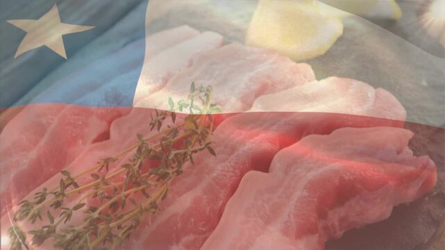 Flag overlay rippling, frame shifting, pork slices revealing thyme and lemon, highlighting texture