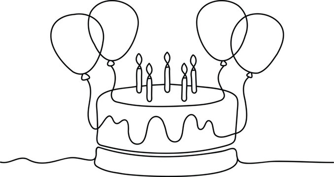 one line art  birthday cake drawing, birthday cake one line drawing in single line art style, continuous line drawing of birthday cake with candles and balloons, doodle sketch concept, editable stroke