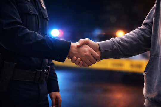 Community trust and justice concept showing police officer handshake with civilian witness at night crime scene