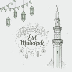 Obraz premium Eid mubarak greeting card with hand drawn mosque minaret and decorative lanterns on light background.
