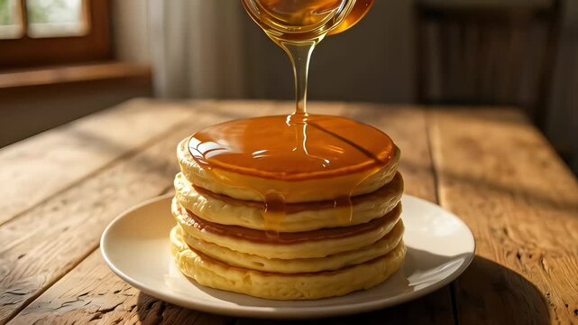 Pouring sweet maple syrup over a delicious stack of morning breakfast pancake food