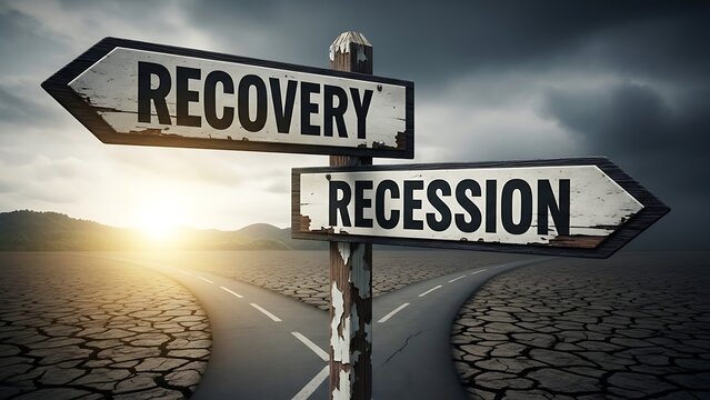 Signpost with Recovery and Recession Directions on Dry Road.