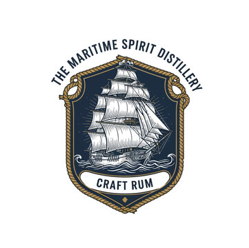 Sailing Ship Emblem for Maritime Spirit Distillery Craft Rum Label Design