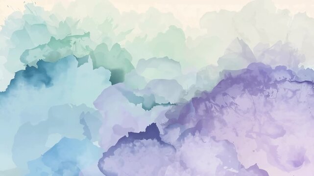 Morphing watercolor wash moving on textured cream paper, blue green purple, granules, bleed veins