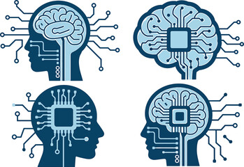 Artificial intelligence icon set. Includes brain, circuit, microchip, and human head symbols. Created in modern style with blue and white palette.