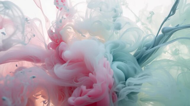 Entering clear water tank, pink and mint pigments curling and mixing to form layered backlit clouds