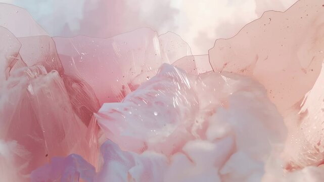 Shifting white plume swelling and exposing pink petals with inward studio closeup move, with specks