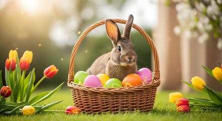 Easter sunday celebration with bunny in basket surrounded by tulips and easter eggs