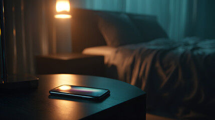 Smartphone glowing on dark bedside table, soft ambient light, late night quiet mood, cinematic minimal realism