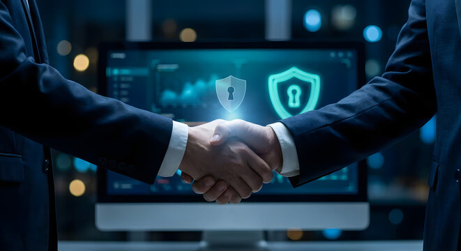 business handshake of two partners in suits with glowing shield and lock icons on computer screen in background representing secure partnership cyber security and data protection
