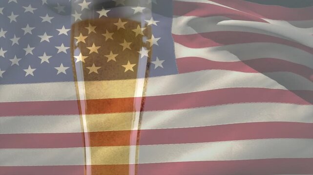 American flag rippling causing shadow passing above center pilsner glass foam shifting showing beer