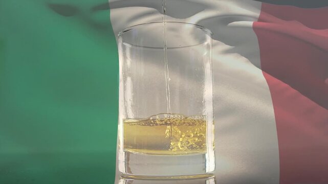 Glass being filled by off-frame stream pouring to fill, generating bubbles and rippling reflections