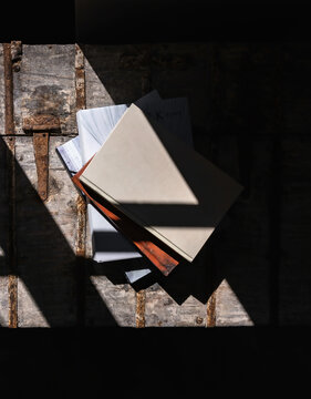 Overhead view of a pile of books