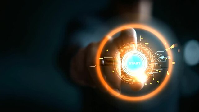 Close up of faceless hand about to press glowing blue start button heavily defocused futuristic digital interface background anonymous person with numerical and circuit like