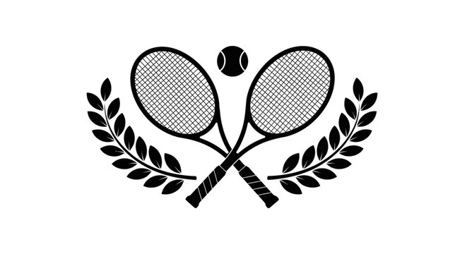 Outline Icon of Classic Tennis Rackets and Ball with Laurel Wreath, Representing Sportive Excellence on White Background