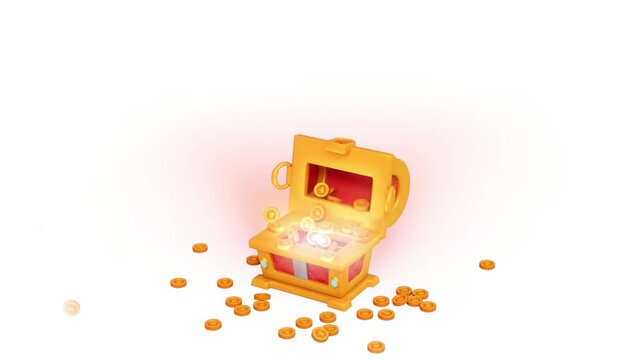 Radiant golden treasure chest opening with magical purple glow and flying coins on transparent background for gaming rewards fantasy and wealth concepts
