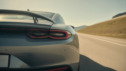 Fototapeta premium Modern sleek silver sports car with aerodynamic rear spoiler driving on open highway road under bright sunlight showcasing premium automotive performance and high speed vehicle travel