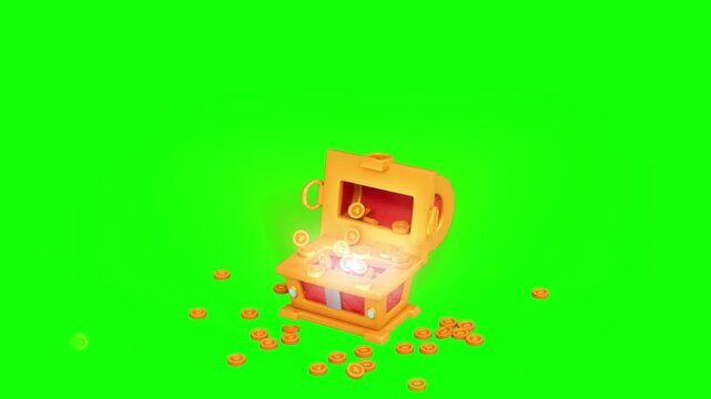 Radiant golden treasure chest opening with magical purple glow and flying coins on transparent background for gaming rewards fantasy and wealth concepts