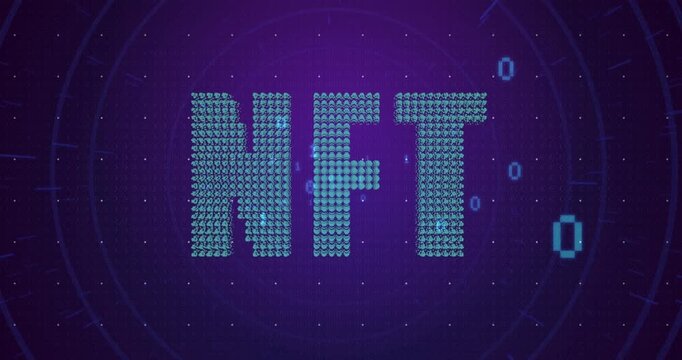 Central particle burst pulling points, forming turquoise NFT letters to show digital token