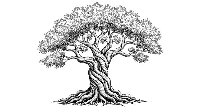 Ancient twisted tree with lush foliage and strong roots on white background