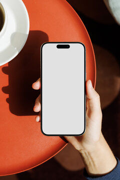 Phone Blank White Screen Mockup Red Table and Coffee Cup