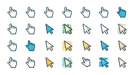 Fototapeta premium Mouse click cursor icon set featuring hand and arrow forms, designed as pixel cursor icons.
