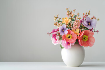 Bouquet of vivid exotic flowers in minimalistic white vase © marini