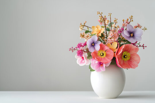 Bouquet of vivid exotic flowers in minimalistic white vase
