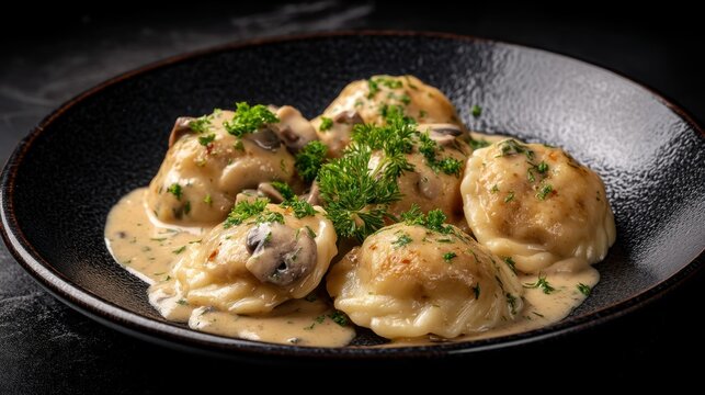 Creamy mushroom ravioli garnished with fresh parsley in a black bowl.